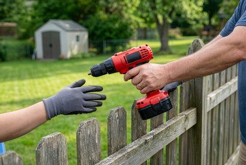 Close up male neighbor hands passing red cordless power drill to person in work glove over wooden fence, concept of lending tools, diy home improvement and helpful community sharing equipment.