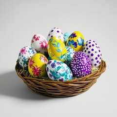 Fototapeta premium A vibrant collection of hand-painted Easter eggs artfully arranged in a joyful basket, exuding holiday charm. The assortment includes eggs with floral designs, polka dots, and abstract art, each