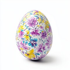An isolated Easter egg featuring elegant and ornate floral patterns, intricately painted in soft tones that pop against the stark white background. The fine details of the design create a striking