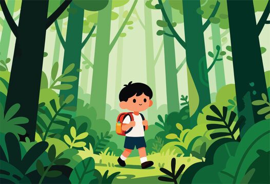 A young child with a backpack walks through a lush, green forest