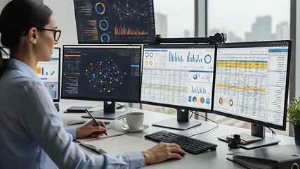 data analyst woman at multi-monitor dashboard setup in a modern office - Powered by Adobe