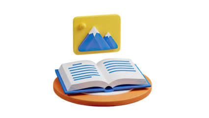 3D Open book and mountain landscape illustration on transparent background