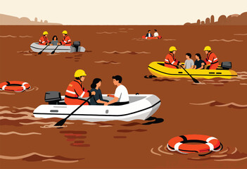 Rescuers in boats navigate muddy waters, aiding civilians in a flood relief operation
