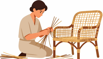 Weaver meticulously crafts a wicker chair using natural reeds