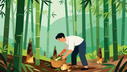 Farmer harvesting bamboo shoots in a dense forest