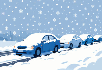 Cars parked on a snowy road with falling snowflakes