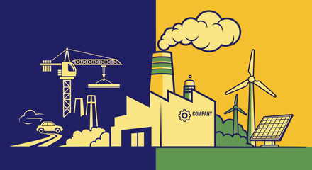 Heavy industry pollution contrasted with sustainable energy solutions solar panels wind turbines and eco production