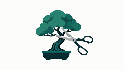 Stylized bonsai tree with scissors trimming leaves