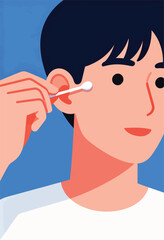 A person uses a cotton swab to clean their ear against a vibrant blue background