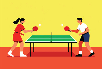 Two figures play table tennis with rackets and balls on a green table