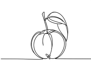 Black single-line illustration of a simple apple with a leaf