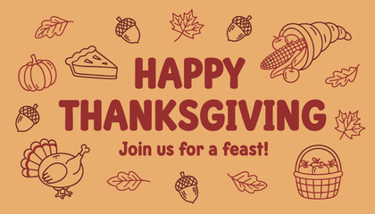 Retro Happy Thanksgiving banner with festive turkey pumpkin pie and harvest elements © STOCKHUB