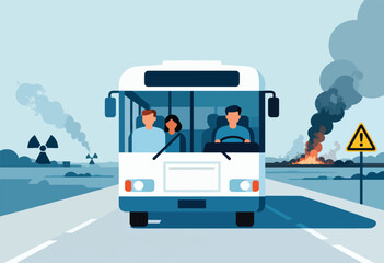 People in a bus drive past environmental hazards like radiation and fire