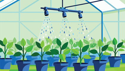 Modern greenhouse with automated watering system nurturing potted plants