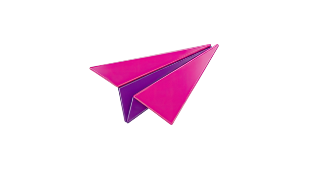 3D paper airplane icon, pink and purple glossy design on transparent background - Powered by Adobe