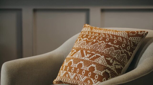 Brown patterned pillow, on a grey accent chair in a contemporary living room with neutral wall panels and elegant minimalist interior design for home styling.