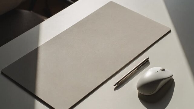 White wireless mouse, metallic pen, and matte desk pad on a minimalist white table with sharp geometric shadows and bright natural sunlight for office productivity.