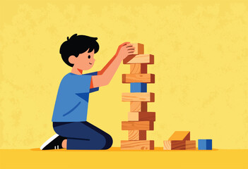 Boy building a tall tower with wooden blocks on a yellow textured background