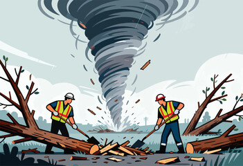 Workers clear debris amidst a powerful tornado