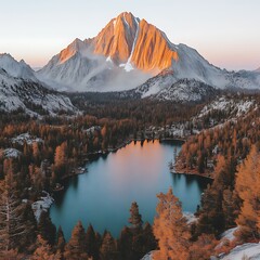 Mountain lake at dawn.  Misty peak