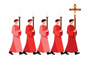 Five individuals in red robes processionally carry candles and a crucifix