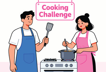 Cheerful people in aprons participate in a cooking challenge