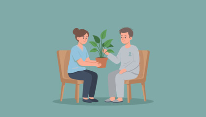 Nurse giving a plant to a male patient symbolizing therapeutic support hope and wellness