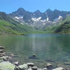 Mountain lake reflecting a clear sky. Lush greenery surrounds a tranquil alpine lake, nestled amidst towering peaks with patches of snow