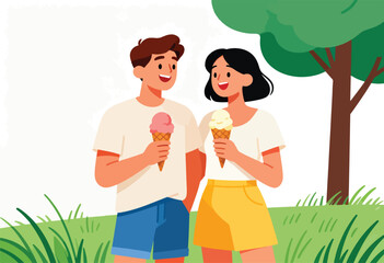 Happy couple holding ice cream cones with a tree and grass in background