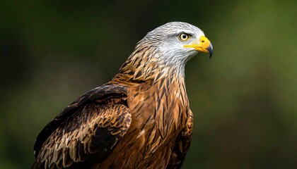 Obraz premium Majestic reddish-brown bird with a sharp yellow beak stares intently against blurred green background