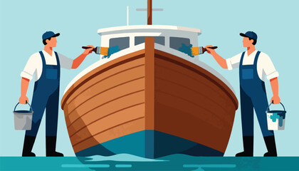 Two workers paint a boat, holding buckets and brushes