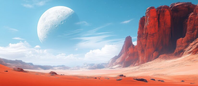 Alien desert landscape, large moon, red rocks, background clouds, sci-fi film