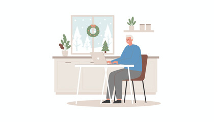 Fototapeta premium Mature man remote working on a laptop in a cozy holiday interior Winter window view with Christmas wreath decor
