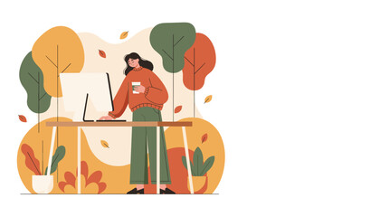 A woman works at her standing desk surrounded by cozy autumn foliage holding a coffee cup Remote work concept