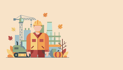 Autumn construction concept Engineer in safety vest and hard hat at industrial job site
