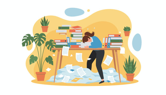 Exhausted employee overwhelmed by huge workload and messy desk full of documents and binders