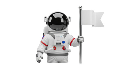 Fototapeta premium Astronaut holding a blank flag on transparent background