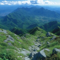 Mountain path winding through lush green hills and rocky terrain, leading to distant peaks under a partly cloudy sky