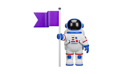 Astronaut holding a purple flag on transparent background