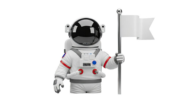 Astronaut holding a blank flag on transparent background