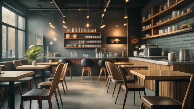 Cinematic stock video of an empty coffee shop interior with natural light and clean design. Suitable for cafe, lifestyle, and hospitality concepts.