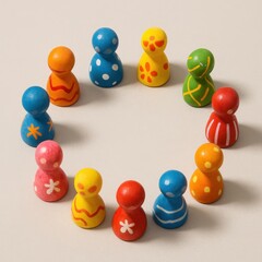 Vibrant diversity concept with painted wooden figurines arranged in inclusive circle casting soft shadows on white background