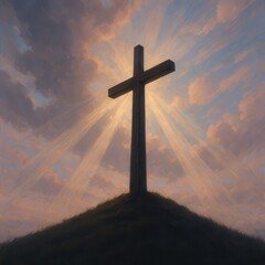 Wooden cross silhouetted against glowing clouds and heavenly rays symbolizing hope salvation and spiritual strength
