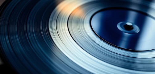 Close-up of a black vinyl record's intricate concentric grooves, reflecting light and hinting at the rich analog sound experience,  analog,  record