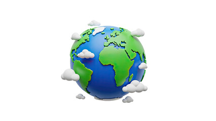 3D Cartoon Earth globe with clouds on transparent background