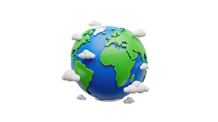 3D Cartoon Earth globe with clouds on transparent background