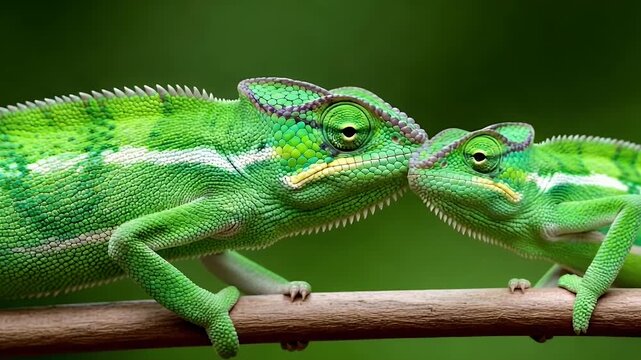 green chameleons on branch closeup nature wildlife stock video