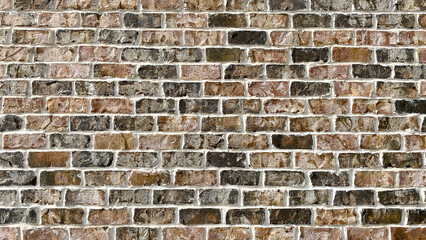 A rustic brick wall shows rows of rough textured bricks in mixed brown and gray tones with visible mortar lines creating a weathered sturdy and classic architectural pattern