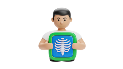 3D Cartoon man holding a chest X-ray on transparent background