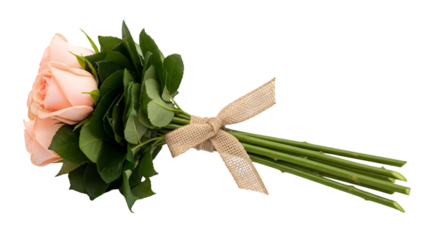 A bouquet of peach roses with a burlap ribbon on a transparent background
